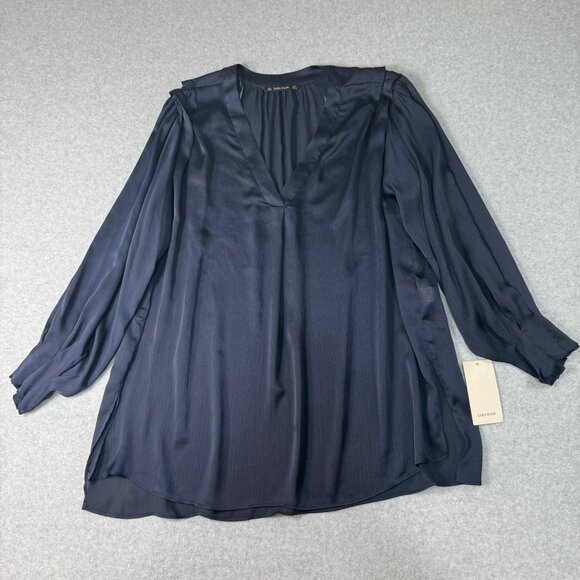 Zara Basic Womens Navy Long Sleeve V-Neck Tunic Blouse Size Large - Picture 1 of 8